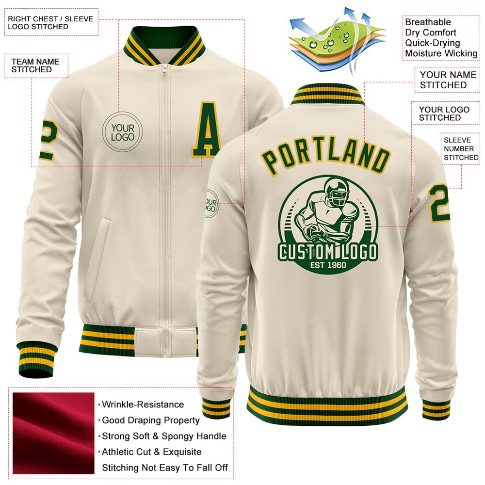Custom Cream Green Gold Bomber Varsity Baseball Jacket, Custom Team Jacket