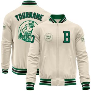 Custom Cream Kelly Green Black Bomber Varsity…