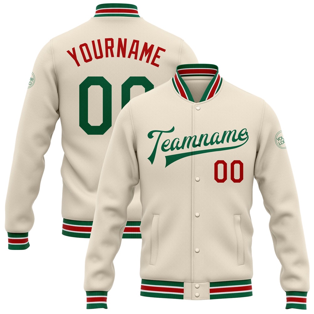 Custom Cream Kelly Green Red Bomber Full Snap Baseball Jacket, Custom Team Jacket