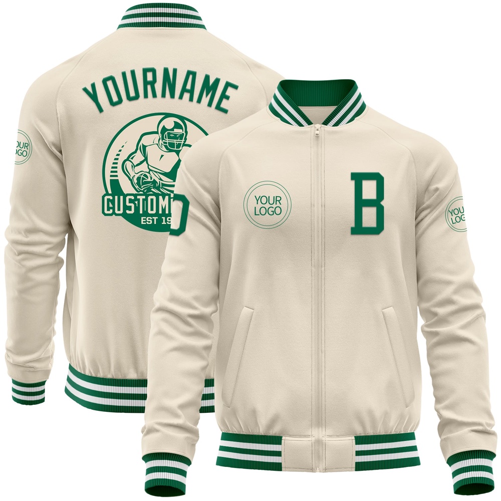 Custom Cream Kelly Green White Bomber Varsity Baseball Jacket, Custom Team Jacket Custom Cream Kelly Green White Bomber Varsity Baseball Jacket, Custom Team Jacket