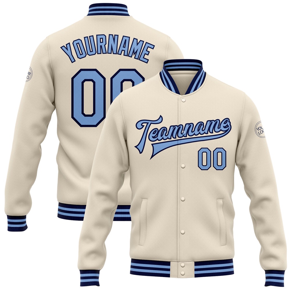 Custom Cream Light Blue Navy Bomber Full Snap Baseball Jacket, Custom Team Jacket