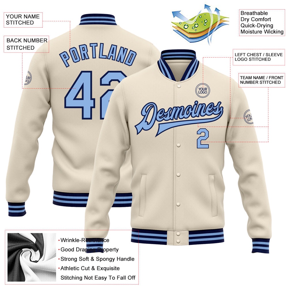Custom Cream Light Blue Navy Bomber Full Snap Baseball Jacket, Custom Team Jacket