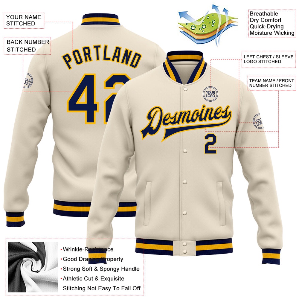 Custom Cream Navy Gold Bomber Full Snap Baseball Jacket, Custom Team Jacket