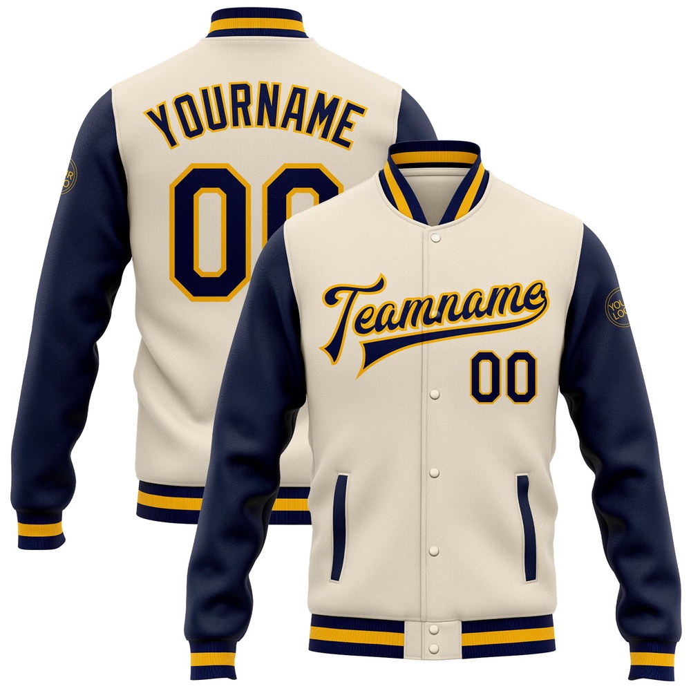Custom Cream Navy Gold Bomber Full Snap Varsity Baseball Jacket, Custom Team Jacket