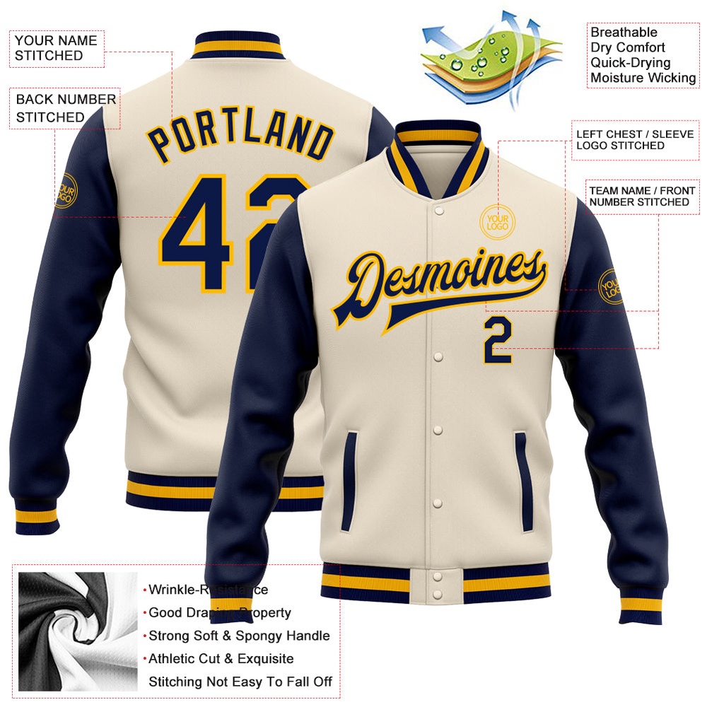Custom Cream Navy Gold Bomber Full Snap Varsity Baseball Jacket, Custom Team Jacket
