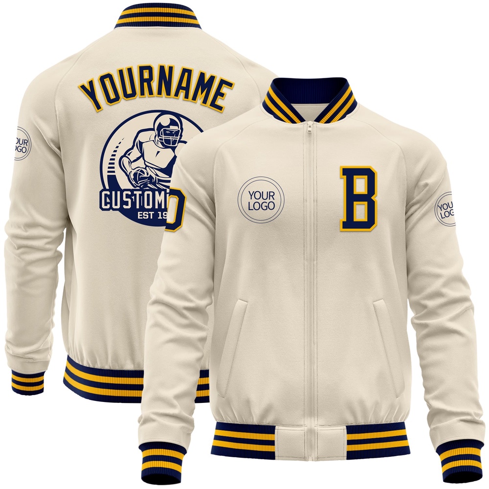 Custom Cream Navy Gold Bomber Varsity Baseball Jacket, Custom Team Jacket