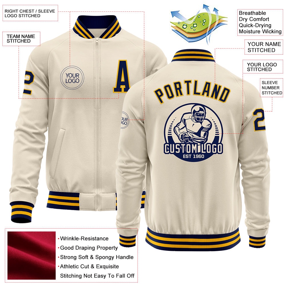 Custom Cream Navy Gold Bomber Varsity Baseball Jacket, Custom Team Jacket