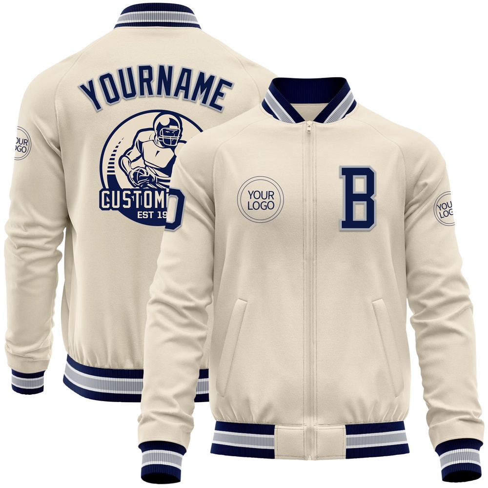 Custom Cream Navy Gray White Bomber Varsity Baseball Jacket, Custom Team Jacket