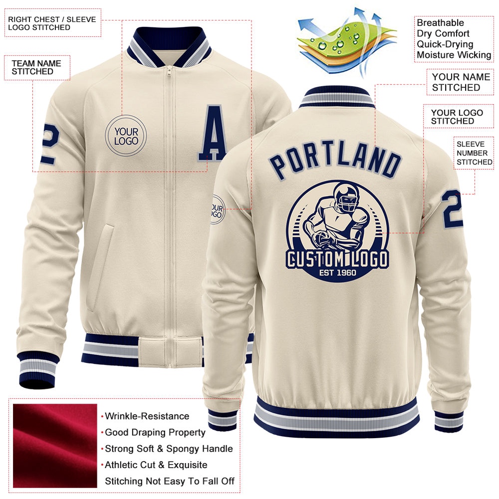 Custom Cream Navy Gray White Bomber Varsity Baseball Jacket, Custom Team Jacket