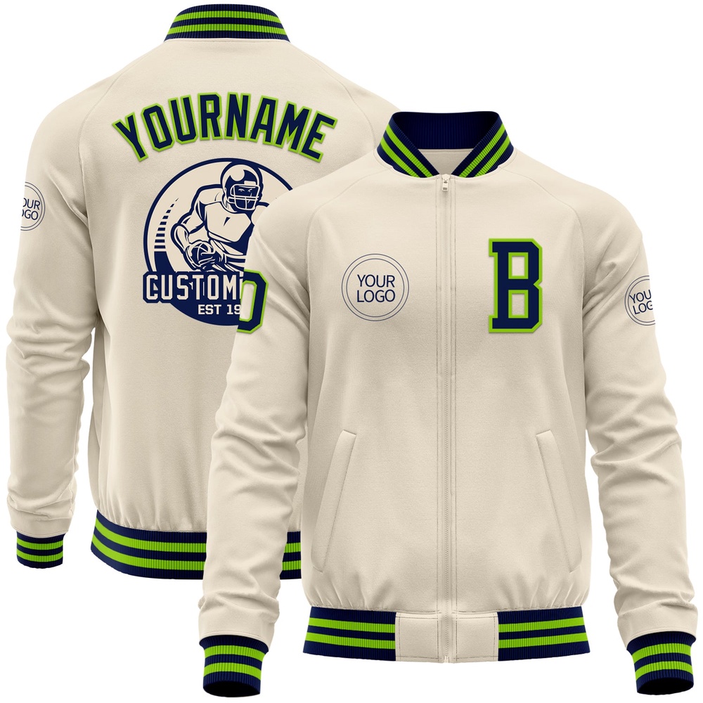 Custom Cream Navy Neon Green Bomber Varsity Baseball Jacket, Custom Team Jacket