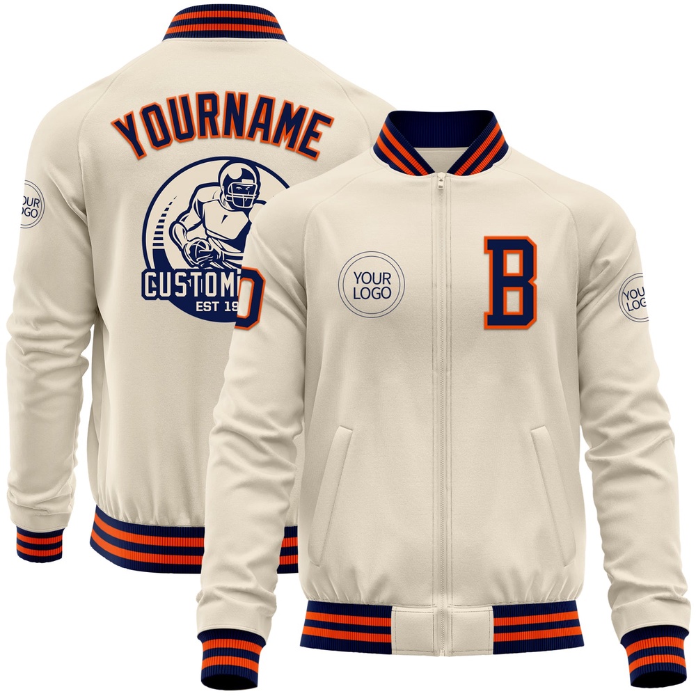 Custom Cream Navy Orange Bomber Varsity Baseball Jacket, Custom Team Jacket