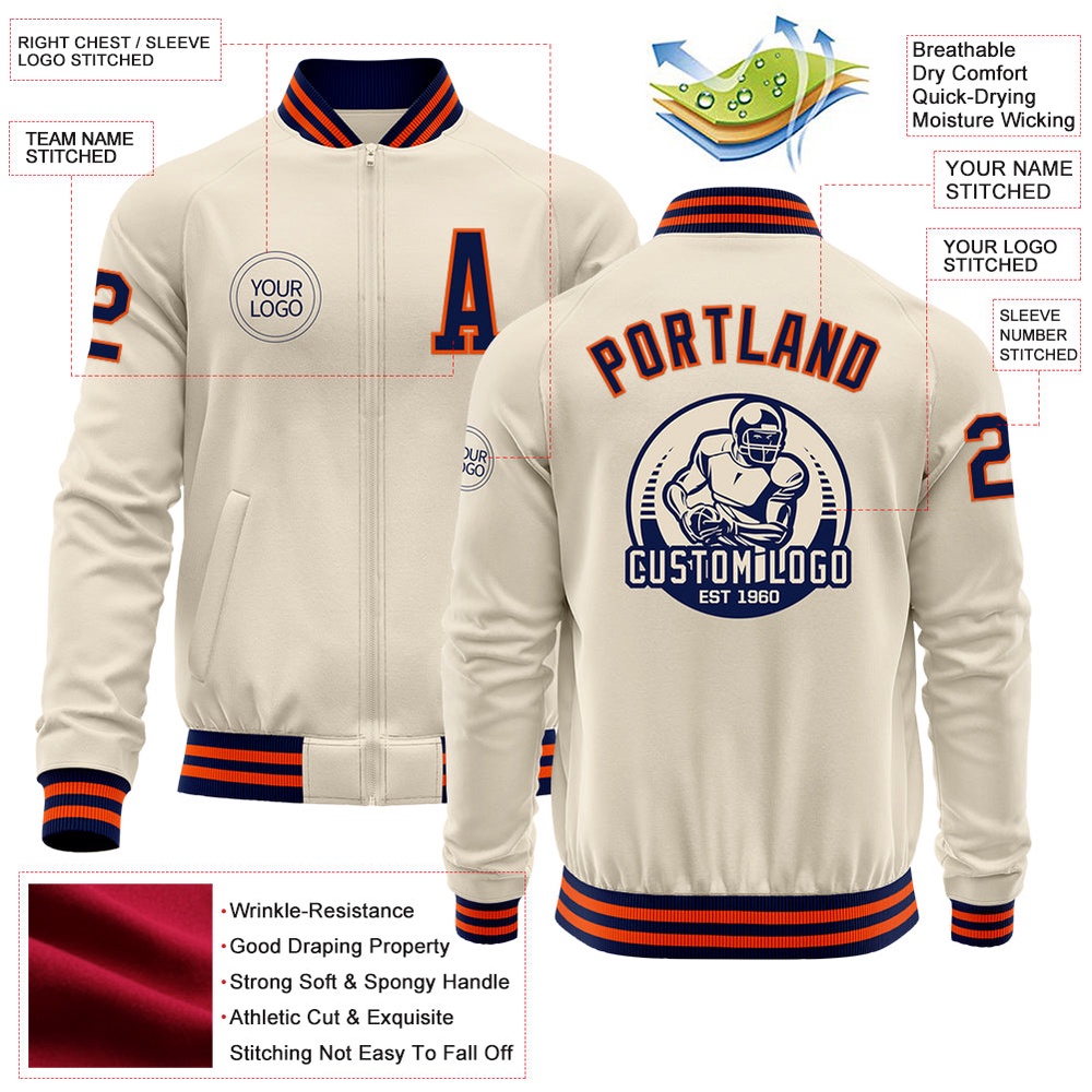 Custom Cream Navy Orange Bomber Varsity Baseball Jacket, Custom Team Jacket
