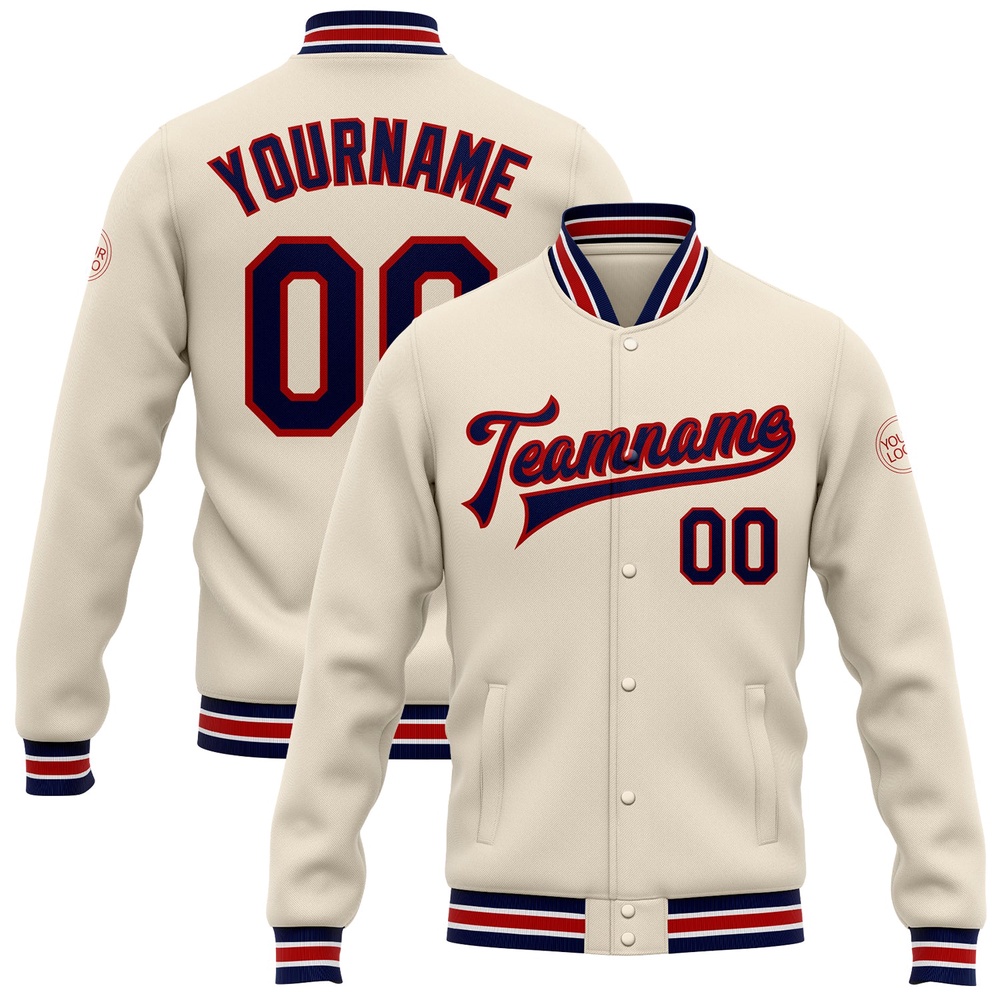 Custom Cream Navy Red Bomber Full Snap Baseball Jacket, Custom Team Jacket Custom Cream Navy Red Bomber Full Snap Baseball Jacket, Custom Team Jacket