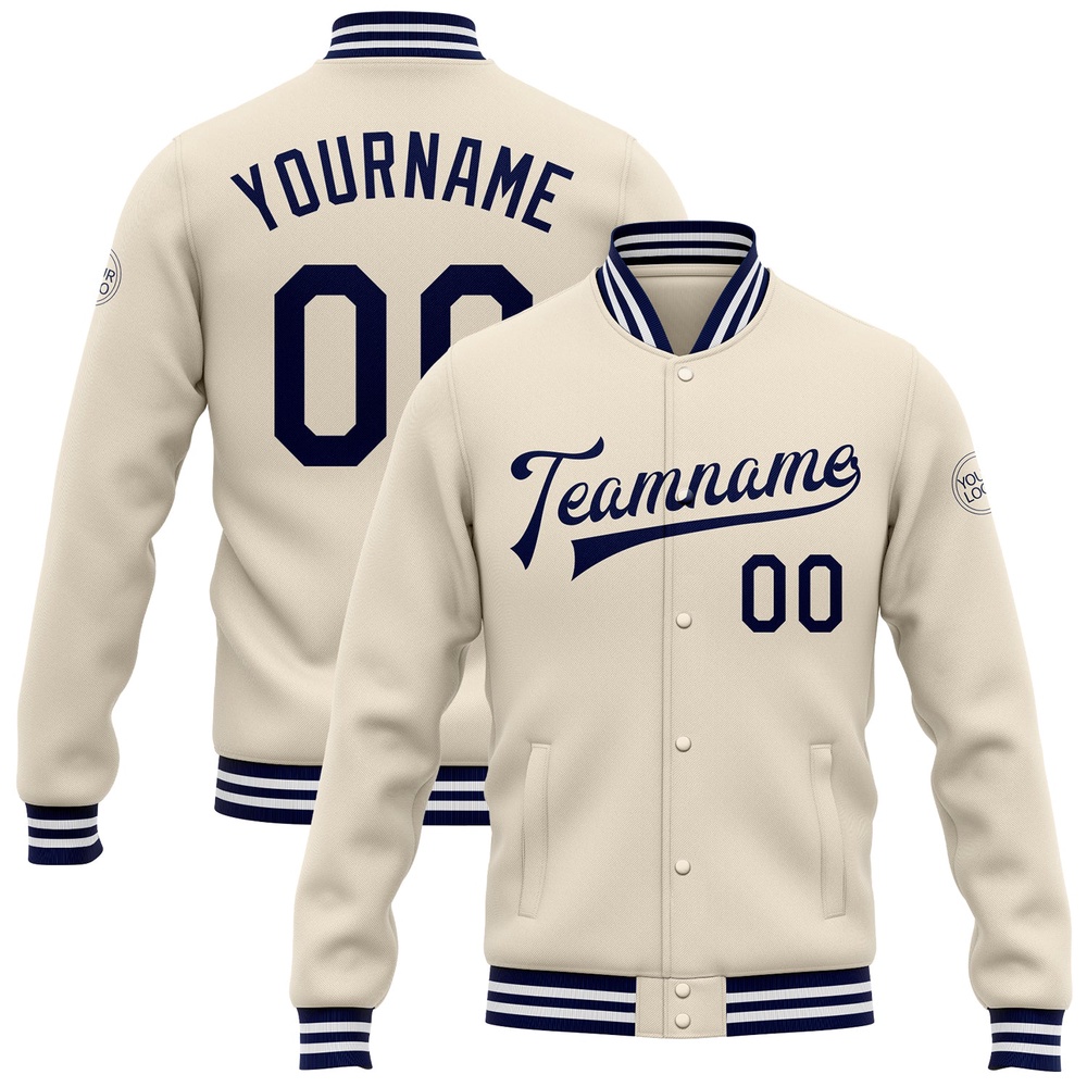 Custom Cream Navy White Bomber Full Snap Baseball Jacket, Custom Team Jacket Custom Cream Navy White Bomber Full Snap Baseball Jacket, Custom Team Jacket