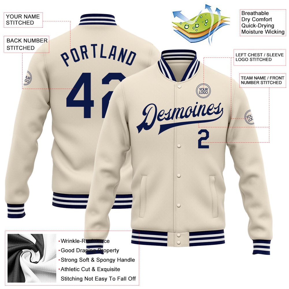 Custom Cream Navy White Bomber Full Snap Baseball Jacket, Custom Team Jacket Custom Cream Navy White Bomber Full Snap Baseball Jacket, Custom Team Jacket
