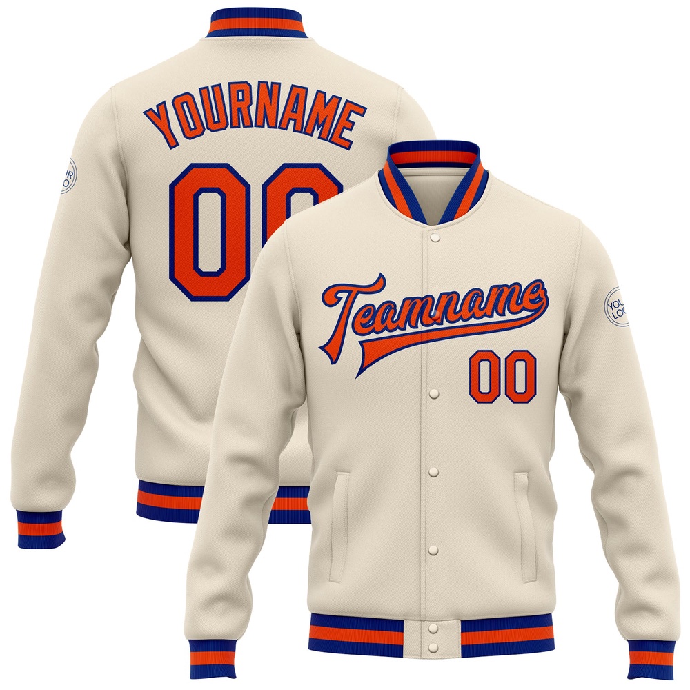 Custom Cream Orange Royal Bomber Full Snap Baseball Jacket, Custom Team Jacket
