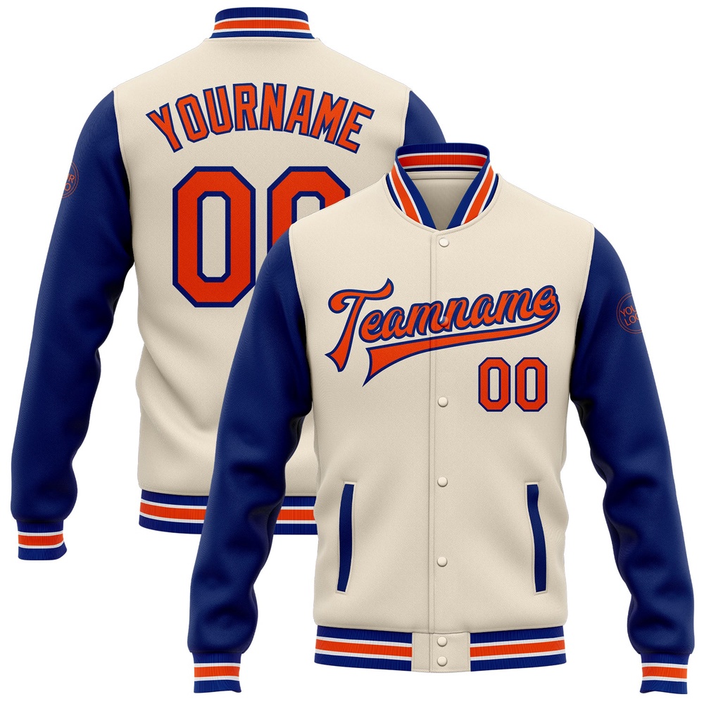 Custom Cream Orange Royal Bomber Full Snap Varsity Baseball Jacket, Custom Team Jacket