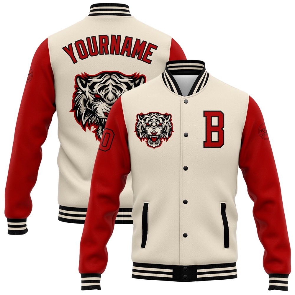 Custom Cream Red Black 3D Pattern Design Bomber Full Snap Baseball Jacket, Custom Team Jacket