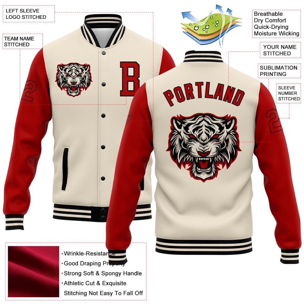 Custom Cream Red Black 3D Pattern Design Bomber Full Snap Baseball Jacket, Custom Team Jacket