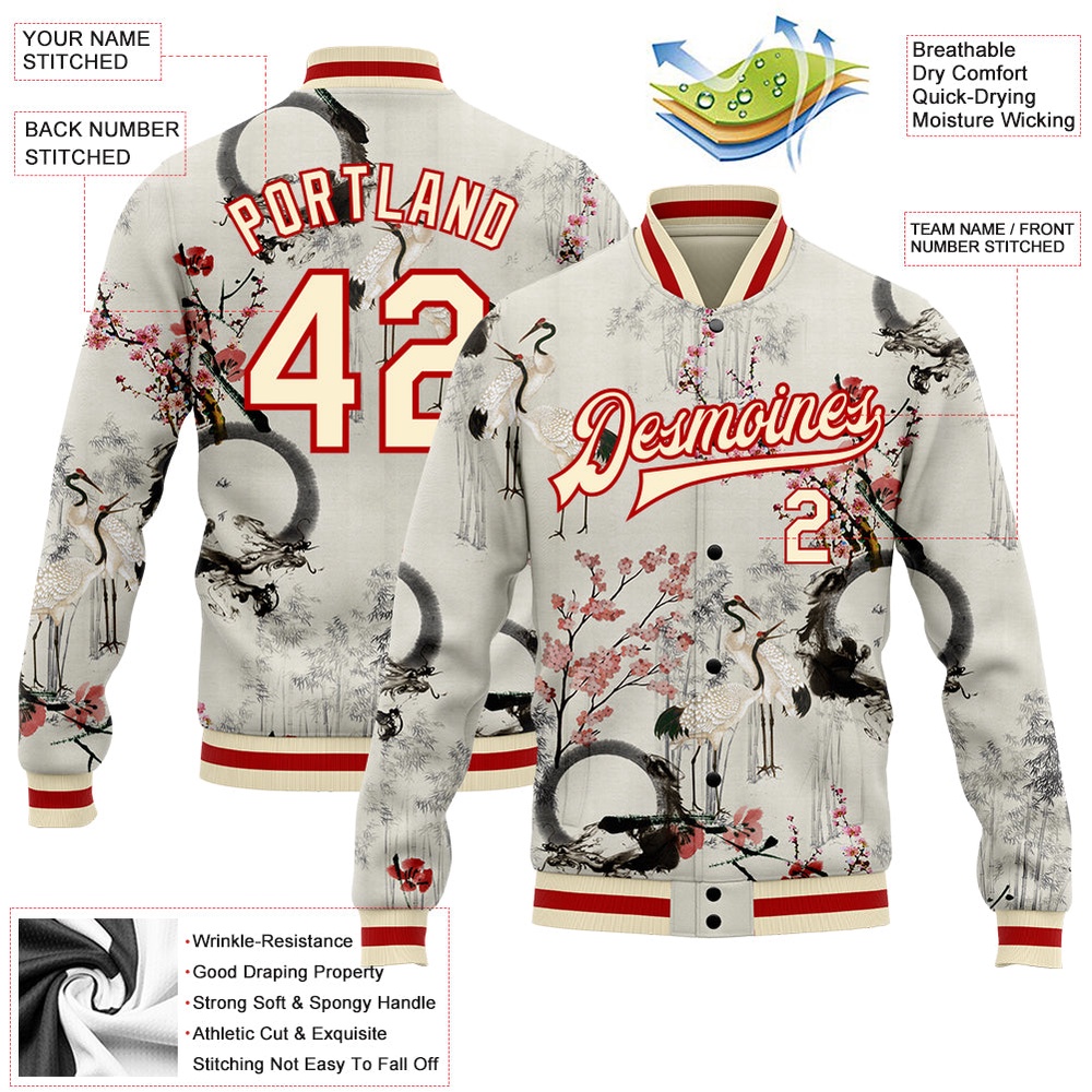 Custom Cream Red Heron And Flower 3D Pattern Design Bomber Full Snap Baseball Jacket, Custom Team Jacket