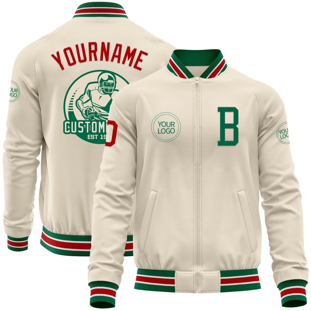 Custom Cream Red Kelly Green White Bomber Varsity Baseball Jacket, Custom Team Jacket