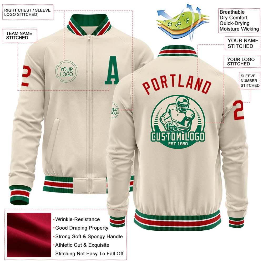 Custom Cream Red Kelly Green White Bomber Varsity Baseball Jacket, Custom Team Jacket