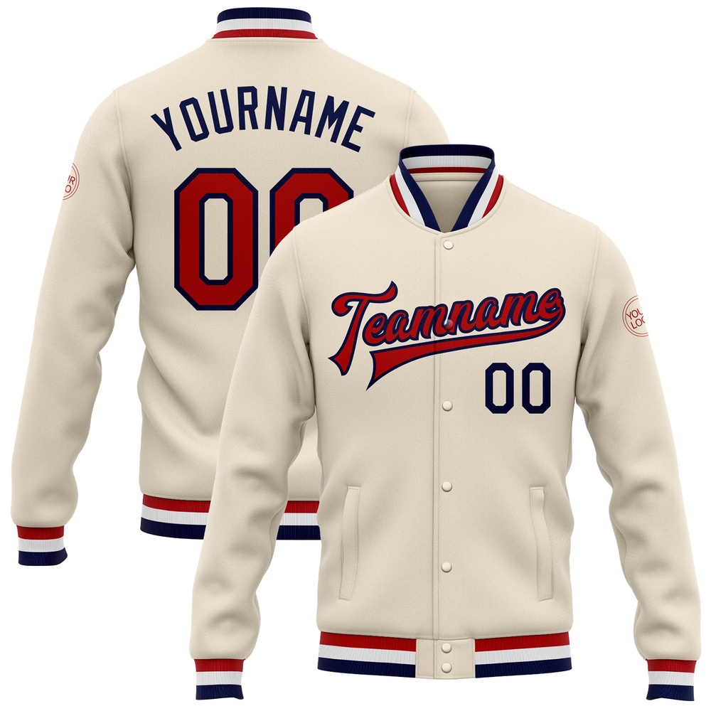 Custom Cream Red Navy Bomber Full Snap Baseball Jacket, Custom Team Jacket Custom Cream Red Navy Bomber Full Snap Baseball Jacket, Custom Team Jacket