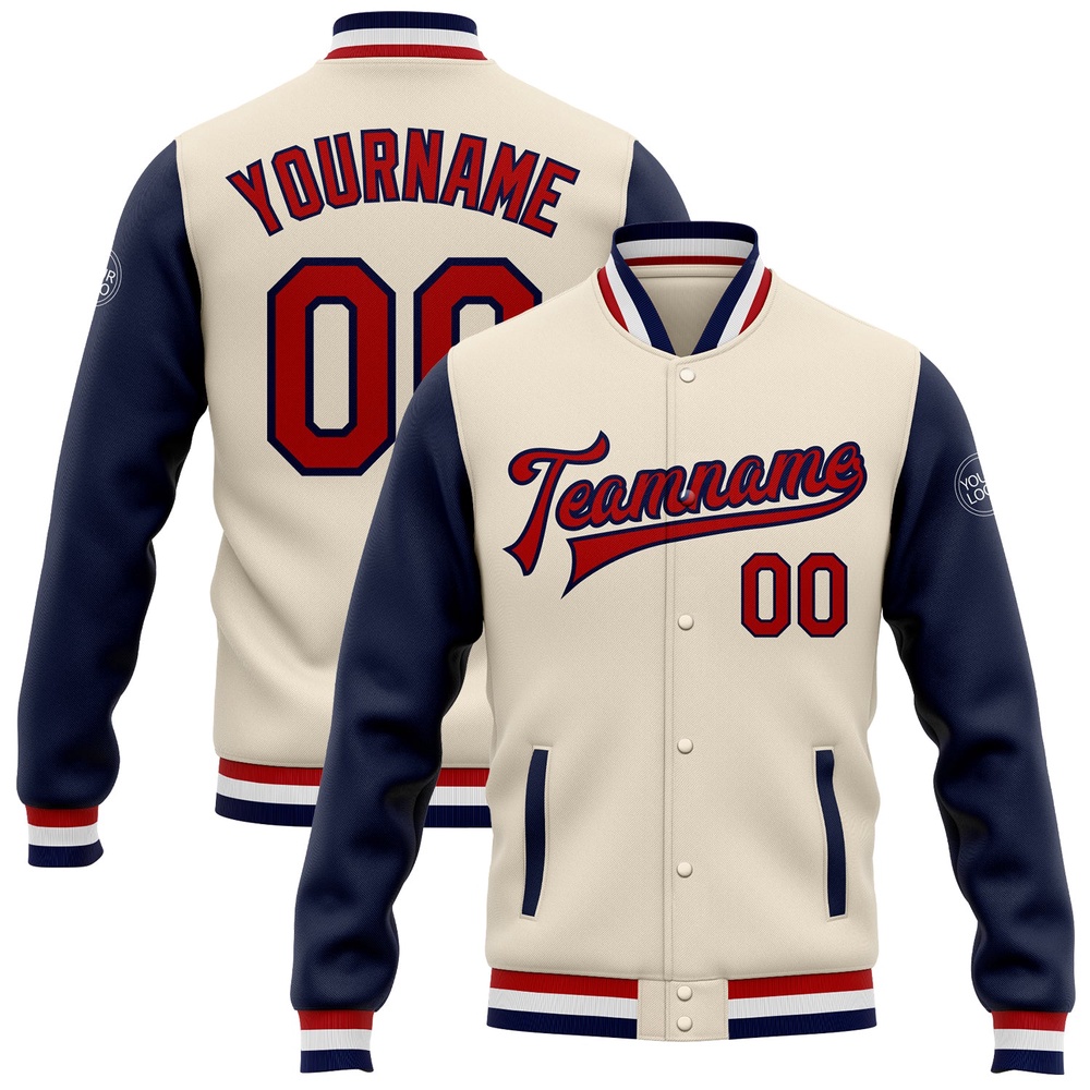 Custom Cream Red Navy Bomber Full Snap Varsity Baseball Jacket, Custom Team Jacket