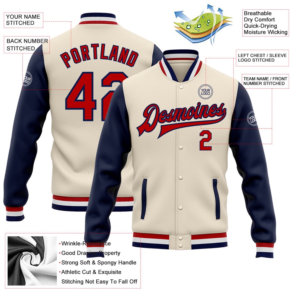 Custom Cream Red Navy Bomber Full Snap Varsity Baseball Jacket, Custom Team Jacket