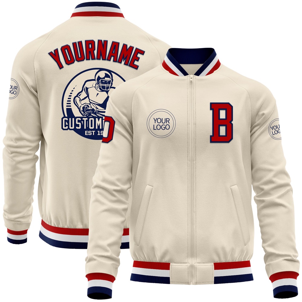 Custom Cream Red Navy White Bomber Varsity Baseball Jacket, Custom Team Jacket Custom Cream Red Navy White Bomber Varsity Baseball Jacket, Custom Team Jacket
