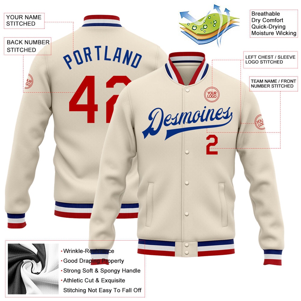 Custom Cream Red Royal Bomber Full Snap Baseball Jacket, Custom Team Jacket