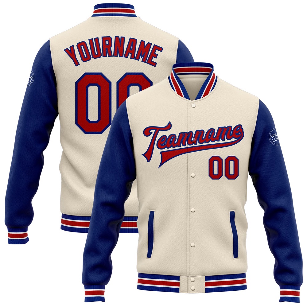 Custom Cream Red Royal Bomber Full Snap Varsity Baseball Jacket, Custom Team Jacket