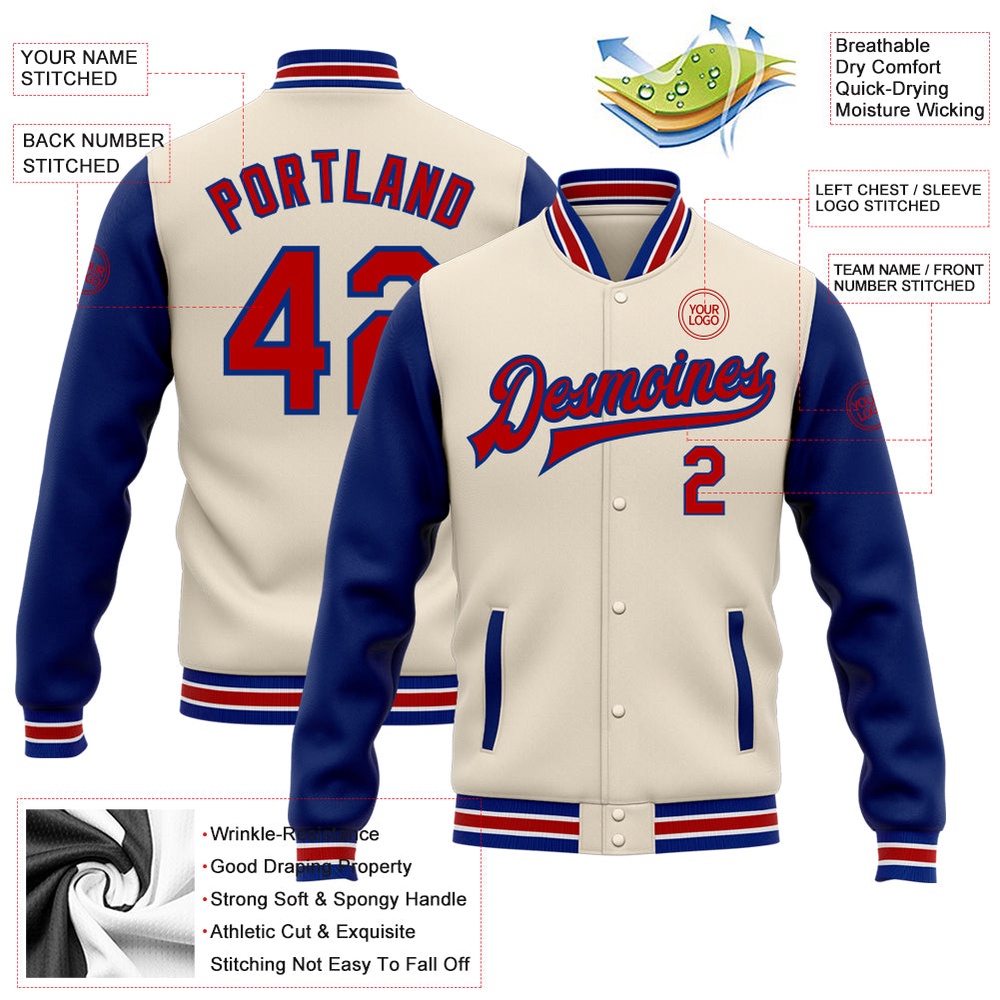 Custom Cream Red Royal Bomber Full Snap Varsity Baseball Jacket, Custom Team Jacket