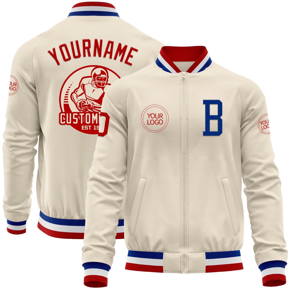 Custom Cream Red Royal White Bomber Varsity Baseball Jacket, Custom Team Jacket Custom Cream Red Royal White Bomber Varsity Baseball Jacket, Custom Team Jacket