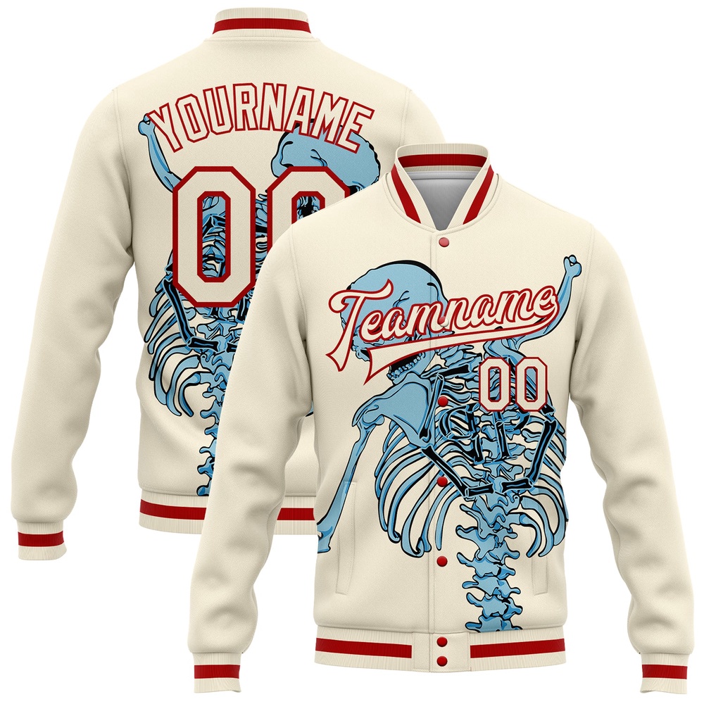 Custom Cream Red Skull Fashion 3D Bomber Full Snap Baseball Jacket, Custom Team Jacket