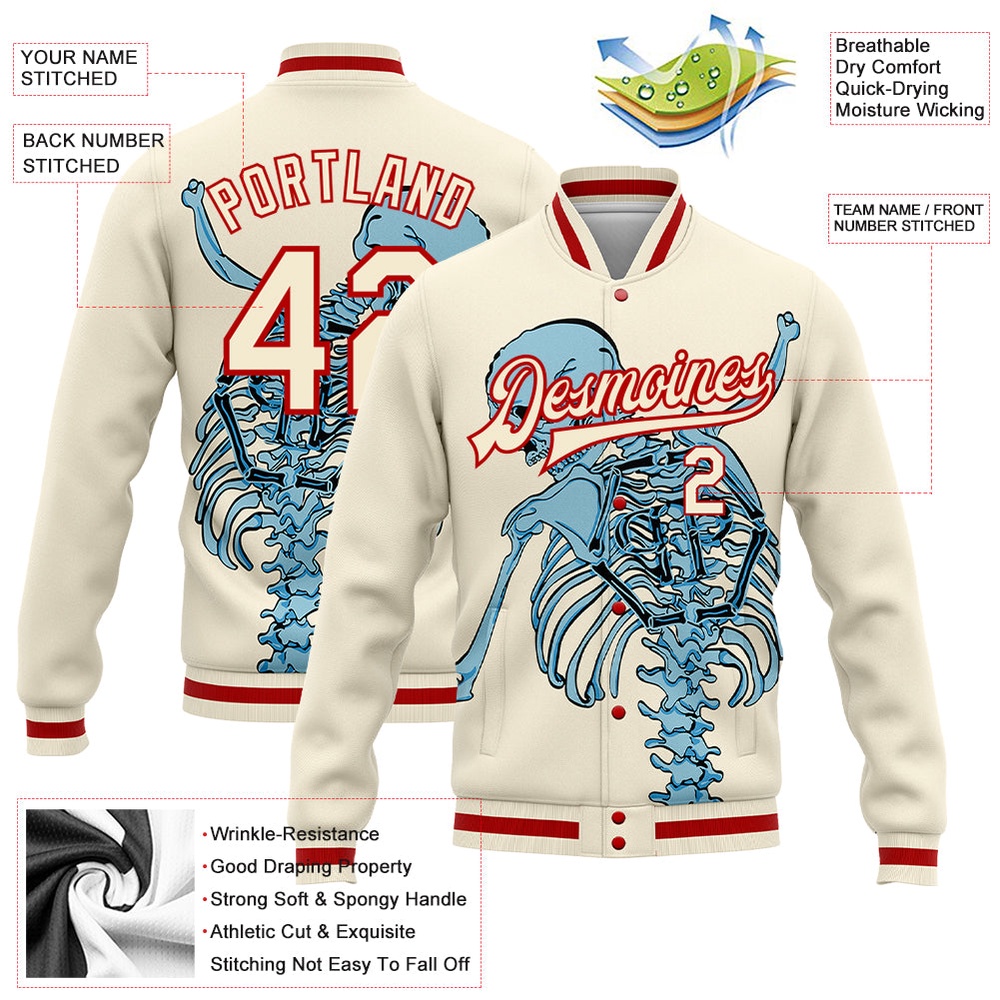 Custom Cream Red Skull Fashion 3D Bomber Full Snap Baseball Jacket, Custom Team Jacket