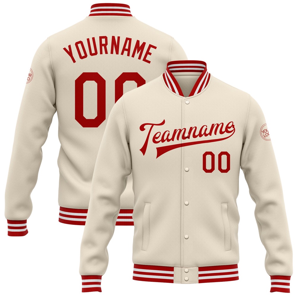 Custom Cream Red White Bomber Full Snap Baseball Jacket, Custom Team Jacket Custom Cream Red White Bomber Full Snap Baseball Jacket, Custom Team Jacket