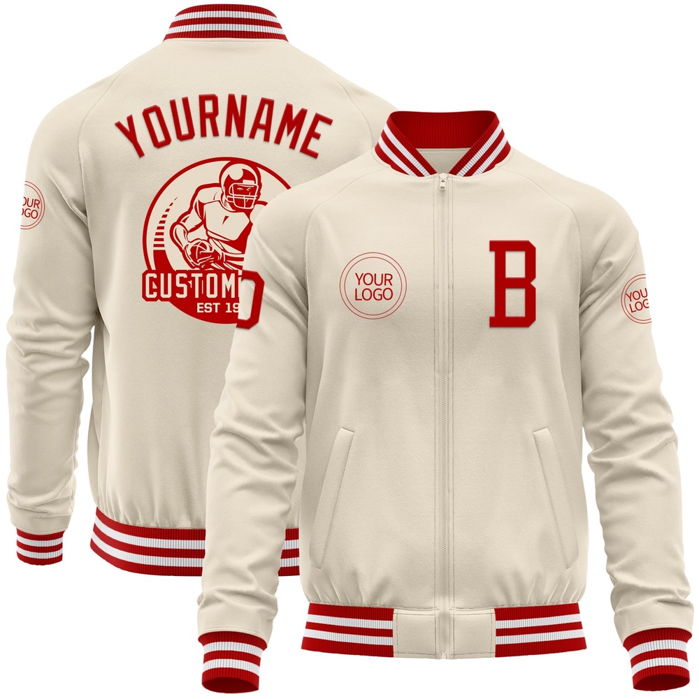 Custom Cream Red White Bomber Varsity Baseball Jacket, Custom Team Jacket Custom Cream Red White Bomber Varsity Baseball Jacket, Custom Team Jacket