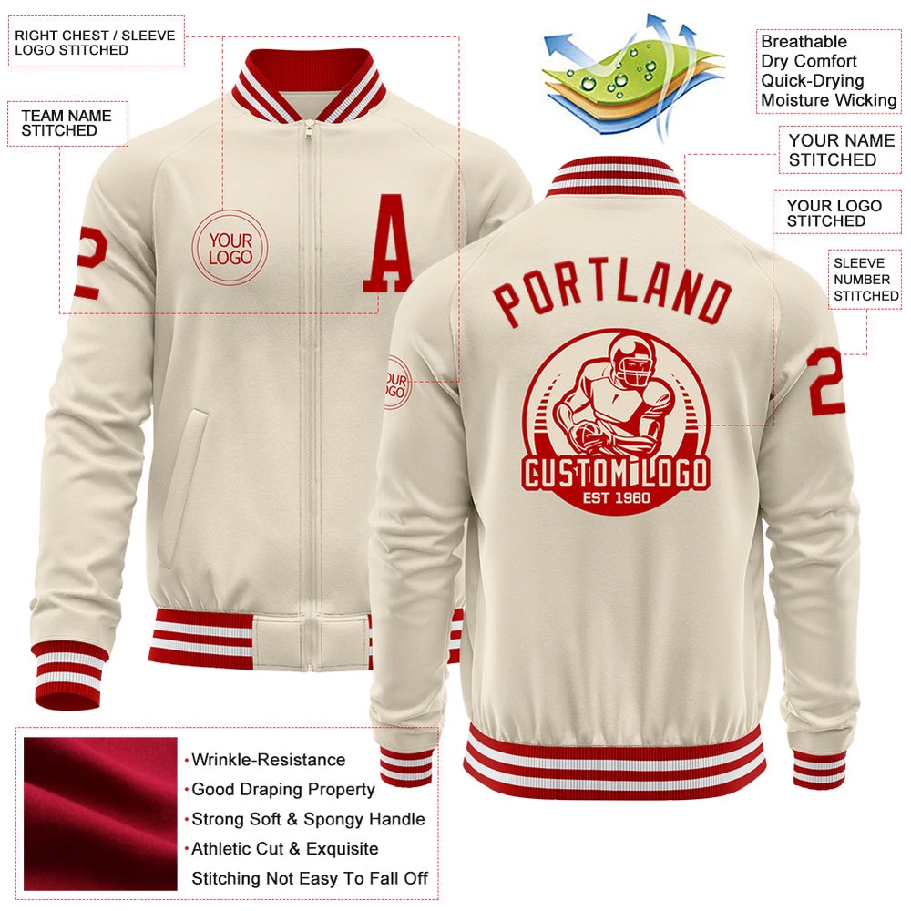 Custom Cream Red White Bomber Varsity Baseball Jacket, Custom Team Jacket Custom Cream Red White Bomber Varsity Baseball Jacket, Custom Team Jacket