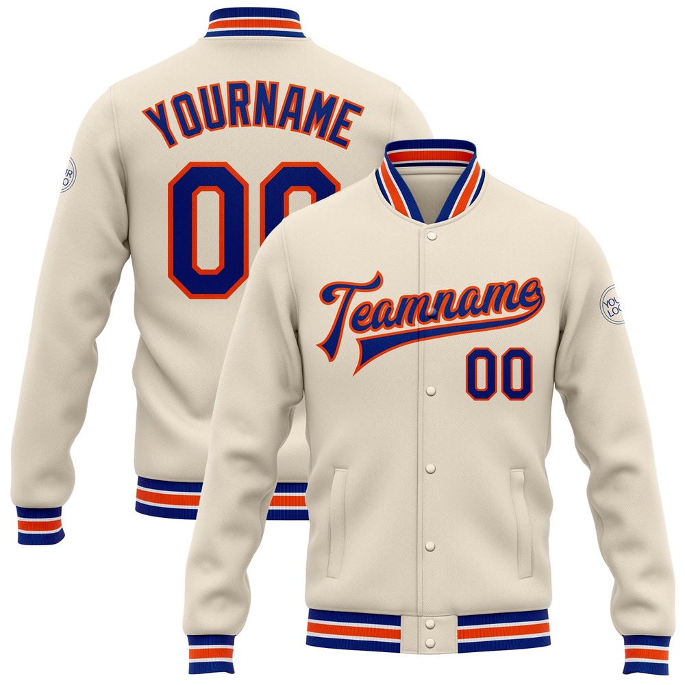 Custom Cream Royal Orange Bomber Full Snap Baseball Jacket, Custom Team Jacket Custom Cream Royal Orange Bomber Full Snap Baseball Jacket, Custom Team Jacket