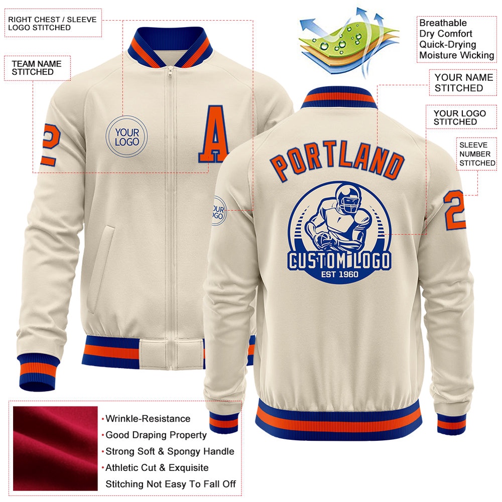 Custom Cream Royal Orange Bomber Varsity Baseball Jacket, Custom Team Jacket