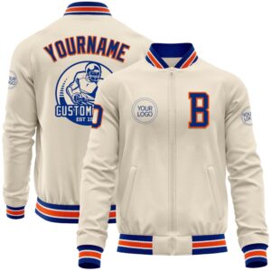 Custom Cream Royal Orange White Bomber Varsity…