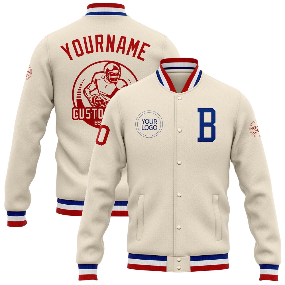 Custom Cream Royal Red Bomber Full Snap Baseball Jacket, Custom Team Jacket