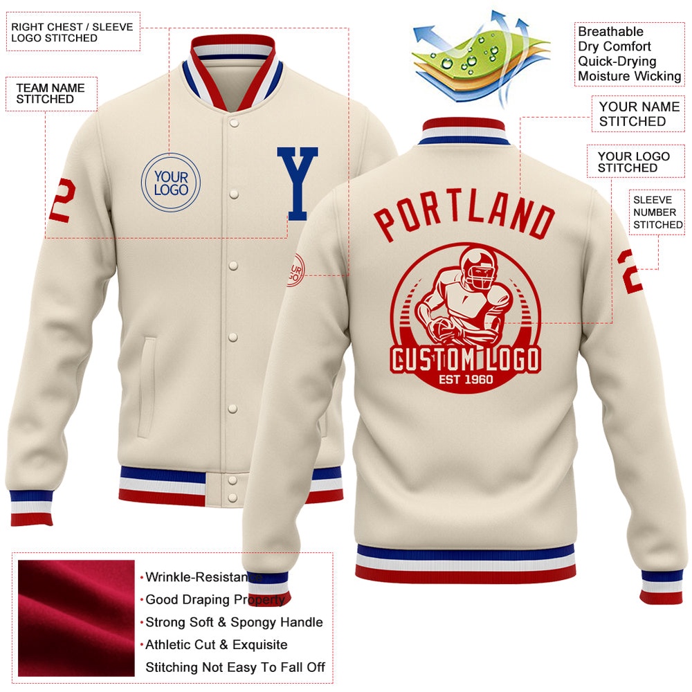 Custom Cream Royal Red Bomber Full Snap Baseball Jacket, Custom Team Jacket