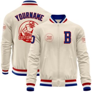 Custom Cream Royal Red White Bomber Varsity…