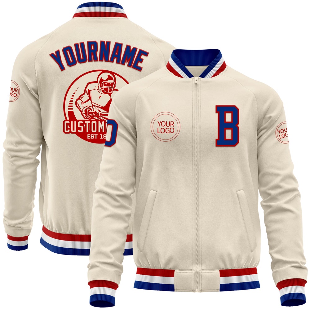 Custom Cream Royal Red White Bomber Varsity Baseball Jacket, Custom Team Jacket Custom Cream Royal Red White Bomber Varsity Baseball Jacket, Custom Team Jacket