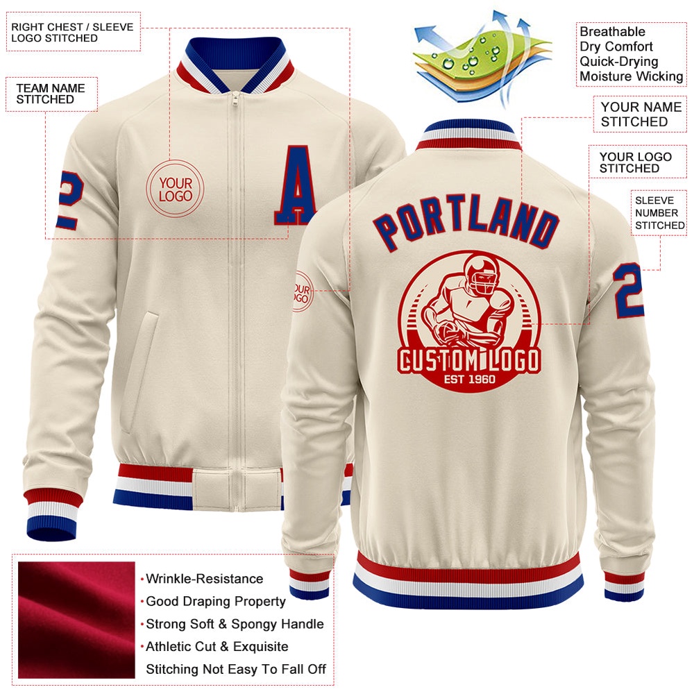 Custom Cream Royal Red White Bomber Varsity Baseball Jacket, Custom Team Jacket Custom Cream Royal Red White Bomber Varsity Baseball Jacket, Custom Team Jacket