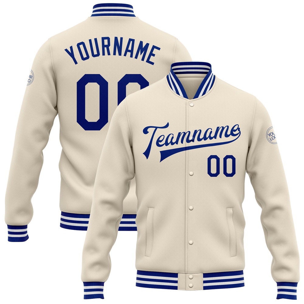 Custom Cream Royal White Bomber Full Snap Baseball Jacket, Custom Team Jacket Custom Cream Royal White Bomber Full Snap Baseball Jacket, Custom Team Jacket
