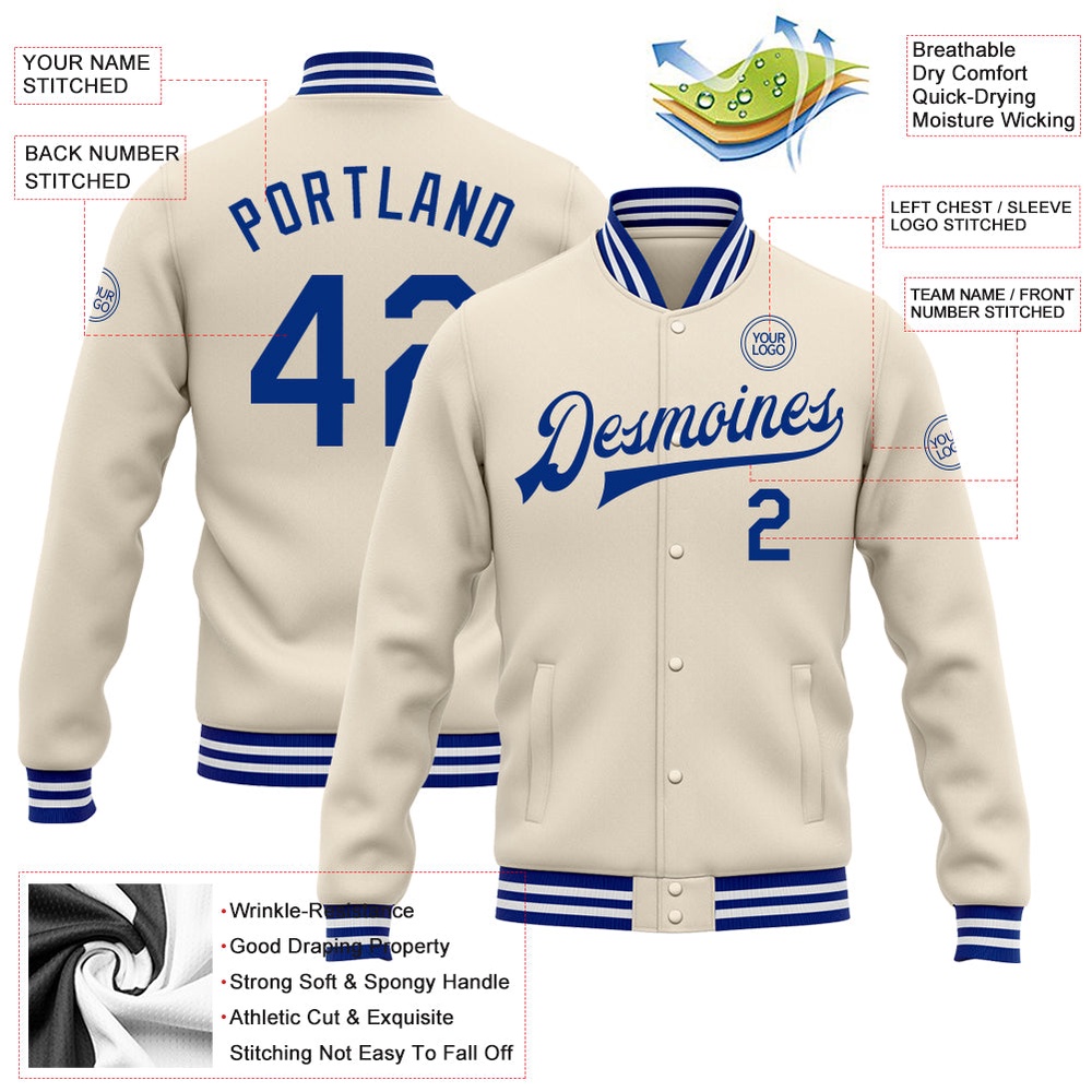 Custom Cream Royal White Bomber Full Snap Baseball Jacket, Custom Team Jacket Custom Cream Royal White Bomber Full Snap Baseball Jacket, Custom Team Jacket