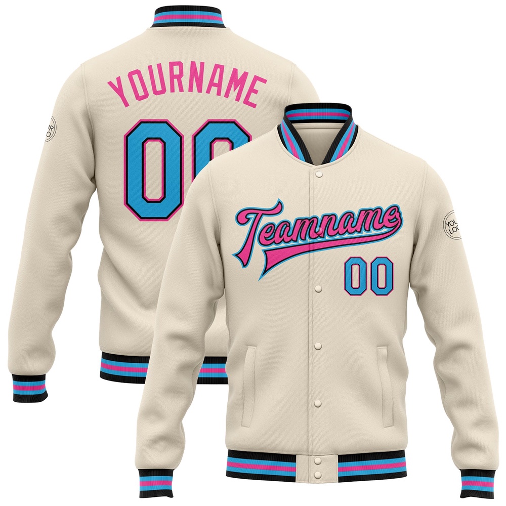 Custom Cream Sky Blue Black Pink Bomber Full Snap Baseball Jacket, Custom Team Jacket Custom Cream Sky Blue Black Pink Bomber Full Snap Baseball Jacket, Custom Team Jacket